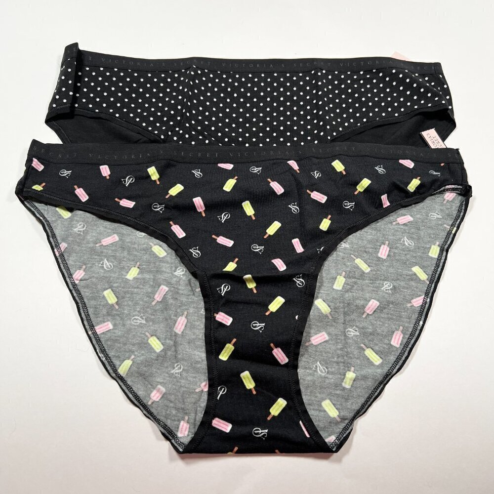 Victoria Secret XXL / 2XL Bikini Panties Cotton Blend Black Popsicle Dot Lot 2